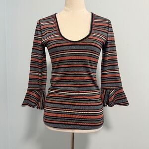FREE PEOPLE Surprise Party Metallic Striped 3/4 Bell Sleeve Top Blouse Size M